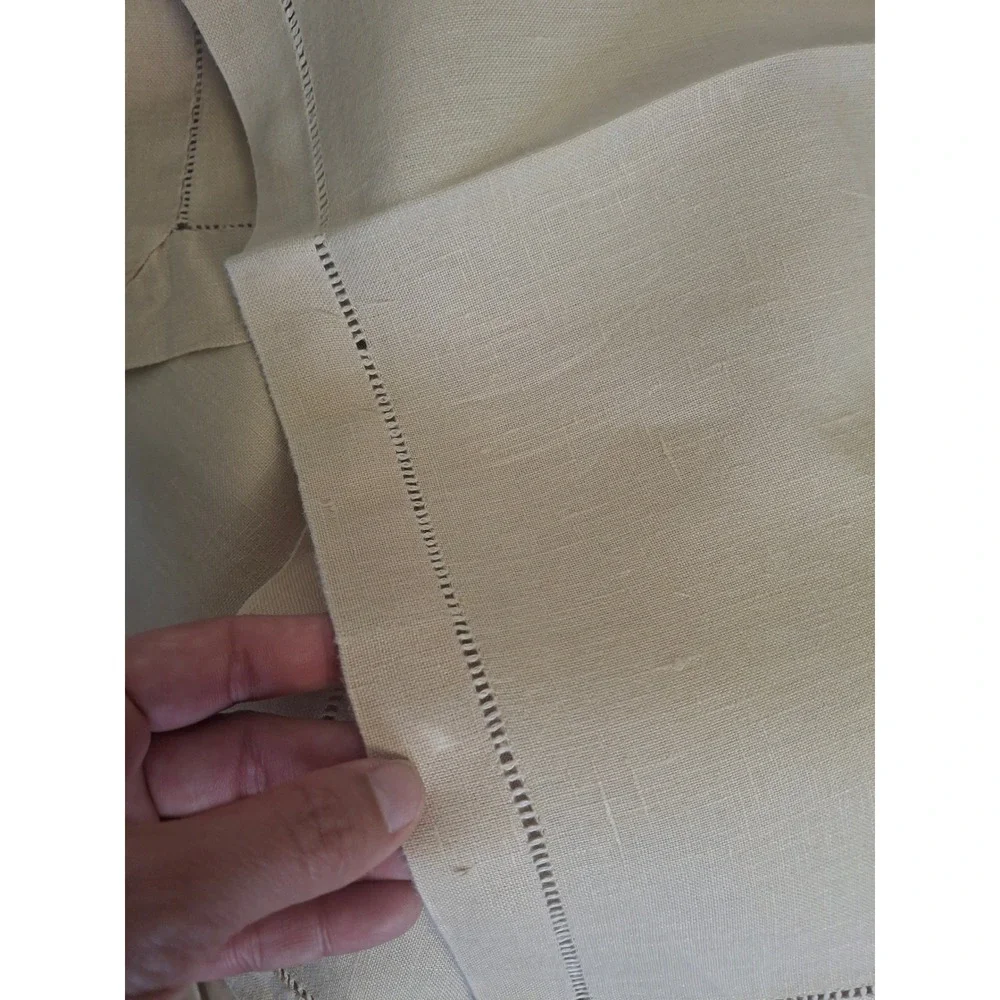 Vintage Hemstitch Linen Tablecloth and Napkins Set Beige Tan 3 Piece Dining